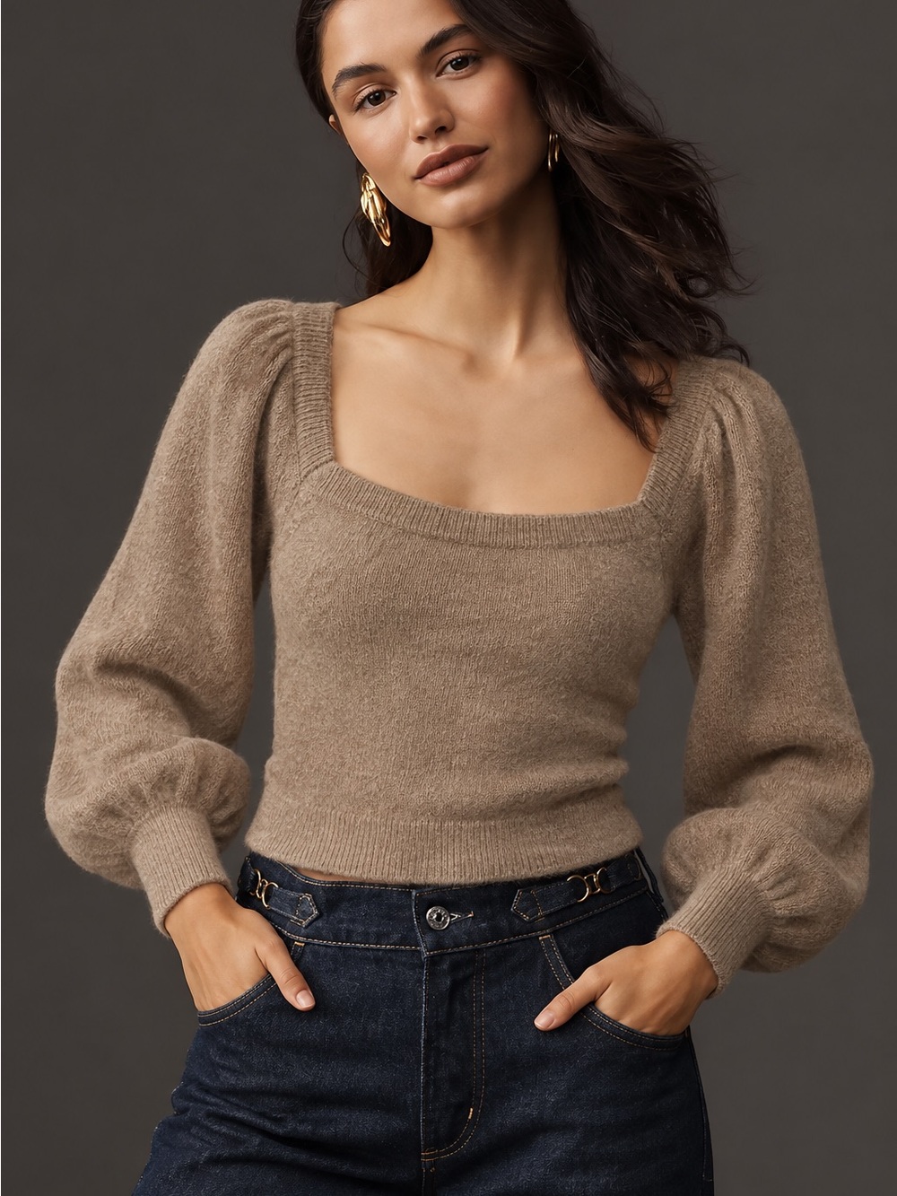 Anthropologie Square Neck Balloon Sleeve Sweater Taupe Size S